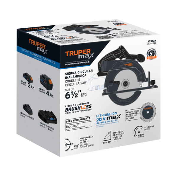Sierra circular 6-1/2", 20V, s/accesorios, TRUPER MAX - Imagen 4
