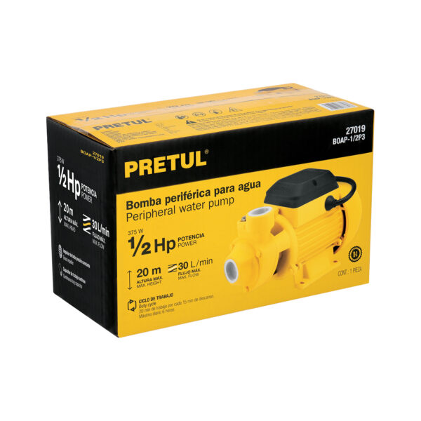 Bomba periférica 1/2HP, altura máx 20m, uso agrícola, PRETUL - Imagen 2