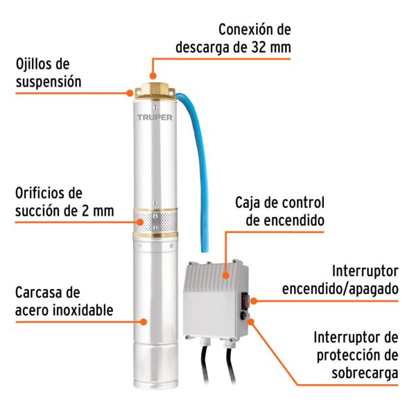 Bomba sumergible tipo bala, 1/2HP, uso agrícola, TRUPER - Imagen 2