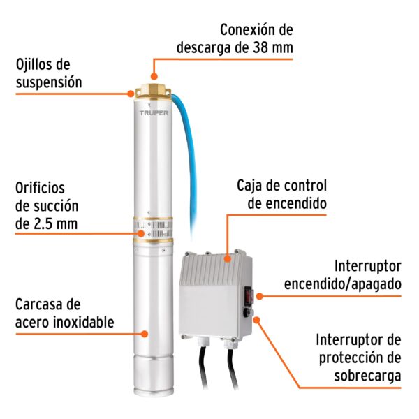 Bomba sumergible tipo bala, 1HP, uso agrícola, TRUPER - Imagen 2