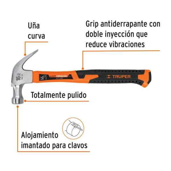 Martillo 16 oz uña curva, mango fibra de vidrio, Truper - Imagen 2