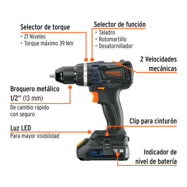 Rotomartillo 1/2", 20V, 2 baterías 2Ah, MAX - Imagen 4