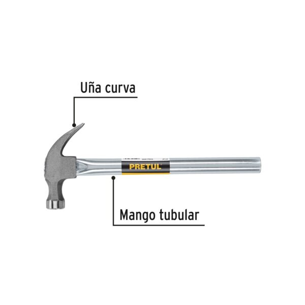 Martillo uña curva 16 oz, mango tubular, Pretul - Imagen 2