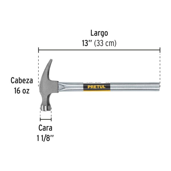 Martillo uña curva 16 oz, mango tubular, Pretul - Imagen 3