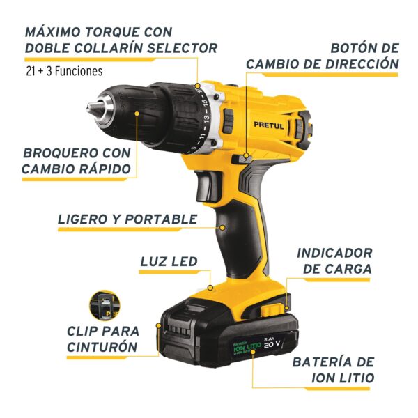 Rotomartillo 1/2", 20V, 1 batería 2Ah, PRETUL - Imagen 4